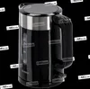 A black electric kettle against a black background with white watermarks. Produktbild-Vorschau