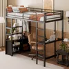 A loft bed with a desk and shelves underneath, set up in a bedroom. Podgląd zdjęcia produktu
