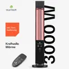 A black standing infrared heater with red heating elements is shown on a white background. Text overlays and a remote control are also visible. Produktbild-Vorschau