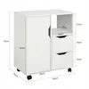 A white storage cabinet with a door on the left and shelves and drawers on the right, shown with dimensions indicated by text overlays. Podgląd zdjęcia produktu