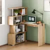 A corner desk with a bookshelf, laptop, and desk lamp. Voir les images du produit