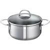A stainless steel pot with a glass lid and handles, isolated on a white background. Produktbild-Vorschau