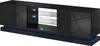A modern black TV stand with geometric patterns and blue LED lighting. Produktbild-Vorschau