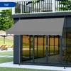 A modern building with a gray awning over sliding glass doors, overlooking a backyard with lounge chairs and an umbrella. Anteprima dell’immagine prodotto