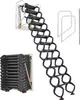 A foldable attic ladder is shown in both its extended and folded states, along with accessories like handrails and a pole. Anteprima dell’immagine prodotto