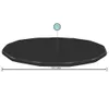 A black, oval-shaped pool cover is shown from a slightly elevated angle against a white background. A circular graphic with an eye icon is connected to the cover by a thin line. Podgląd zdjęcia produktu