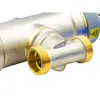 A close-up shot of a metal plumbing fitting with gold-colored threaded connectors. Produktbild-Vorschau