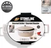 A marketing image of a cream-colored oval roaster with a lid, featuring brand logos and product information. Produktbild-Vorschau