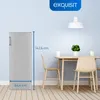 A silver refrigerator is shown next to a table and chairs, with dimensions indicated. Produktbild-Vorschau