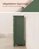 A close-up side view of a green cabinet placed against a white wall, with a marketing overlay at the top. Produktbild-Vorschau
