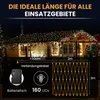 A house decorated with warm white LED string lights at night, with a diagram showing product specifications. Produktbild-Vorschau
