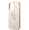 A pink iPhone case with a repeating Guess logo pattern and a gold Guess logo emblem. Náhled obrázku produktu