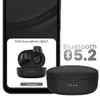 A smartphone screen displays a connected earbud case and earbuds, with a separate earbud charging case and Bluetooth 5.2 information. Anteprima dell’immagine prodotto