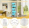 A corner bookshelf with LED lighting is shown in a room setting, with close-up diagrams of its features below. Voir les images du produit