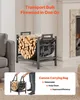 A firewood rack filled with logs is shown next to a fireplace, with a smaller inset image showing a person carrying a canvas bag filled with logs. Produktbild-Vorschau