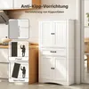 A white cabinet in a kitchen setting, with diagrams illustrating its anti-tip safety feature. Voir les images du produit