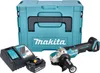 A cordless angle grinder set with a storage case, battery, and charger. Voir les images du produit