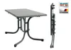 A table is shown in its unfolded and folded states, with accompanying logos and text. Produktbild-Vorschau