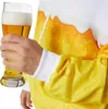 A person's arm and hand holding a glass of beer, with a costume featuring a beer pattern visible. Produktbild-Vorschau