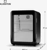 A black Klarstein refrigerator with a glass door, shown from the front with dimensions indicated. Produktbild-Vorschau