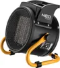 A black and yellow electric heater with a mesh front and a stand. Voir les images du produit