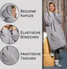 A collage of images showcasing a grey hoodie blanket with text highlighting its features, and a full shot of a woman wearing the blanket. Produktbild-Vorschau