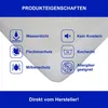 A white product, likely a mattress protector or sheet, is shown diagonally with several feature icons and text overlays. Produktbild-Vorschau