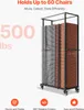 A tall metal rack filled with stacked orange chairs, shown on a white background with text overlays highlighting product features. Anteprima dell’immagine prodotto