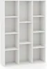 A white, multi-compartment bookshelf against a white background.