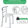 A close-up collage of a single white and silver chair with a marble-patterned seat and back. Insets highlight the curved backrest and armless design. Text boxes provide details about comfortable design and weight capacity. Produktbild-Vorschau