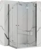 A corner shower enclosure with glass doors and chrome fixtures, set against a marble-patterned wall. Produktbild-Vorschau
