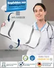 A woman in a lab coat holds a pillow, with marketing text and certifications around it. Produktbild-Vorschau