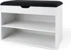 A white shoe cabinet with a black upholstered seat on top, shown from the front with two open shelves below. Produktbild-Vorschau