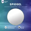 A round mirror with a gold frame is displayed against a gradient background of blue and purple. Text overlays provide product details. Produktbild-Vorschau