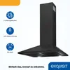 A black kitchen hood with feature icons and text. Produktbild-Vorschau