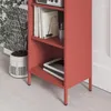 A close-up view of a red metal bookshelf with books on its shelves. Voir les images du produit