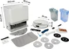 A collection of robot vacuum cleaner accessories and parts laid out on a white background, with dimensions indicated for some items. Produktbild-Vorschau