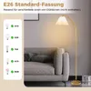 A floor lamp next to a sofa, with a graphic overlay showing compatible light bulb types. Podgląd zdjęcia produktu