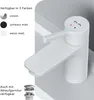 A white bathroom faucet is shown on a white sink surface, with text indicating color options and availability with a drain assembly. Produktbild-Vorschau