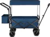 A blue folding wagon with a canopy, shown from the side against a white background. Voir les images du produit
