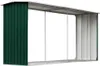 A long, open-sided storage unit with a green panel on the left and a silver panel on the right, under a silver roof. Náhľad obrázku produktu