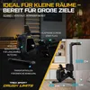 A collage of images showing a foldable rowing machine, highlighting its features and dimensions. Produktbild-Vorschau