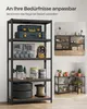 A multi-panel image showcasing a SONGMICS storage shelf unit in various configurations and settings, with text overlay highlighting its adaptability. Produktbild-Vorschau