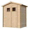 A wooden garden shed with double doors and two windows, presented against a white background. Podgląd zdjęcia produktu