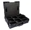 A black plastic organizer case with multiple compartments, shown open. Náhled obrázku produktu