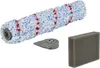 A cleaning brush roller, a gray plastic part, and a gray foam filter are arranged on a white background. Produktbild-Vorschau