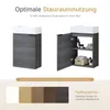 A bathroom vanity cabinet with the door open, showing storage shelves and products. There are also color swatches and text describing the product. Voir les images du produit