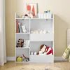 A white bookshelf filled with toys and books in a child's room. Produktbild-Vorschau