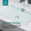 A close-up view of a white sink filled with water, showing the overflow drain feature. Produktbild-Vorschau
