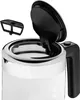 Close-up view of the top of a glass electric kettle with the lid open, showing the opening and a separate filter piece. Náhled obrázku produktu